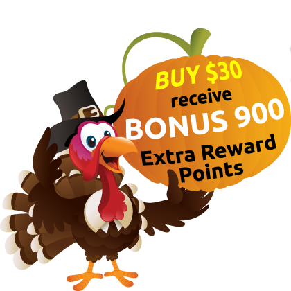 Sweepstakes Promo: Thanksgiving Special. Buy $30 and receive 900 extra rewards points